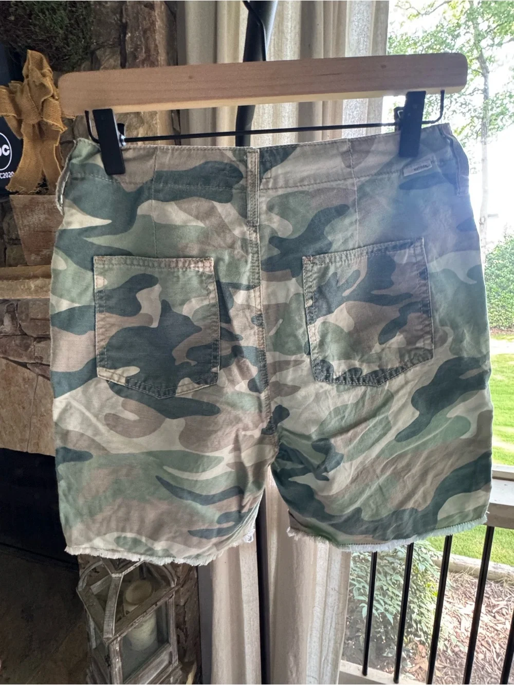 MOTHER Camouflaged High-Rise Frayed Hem Shorts in Green & Tan - Picture 6 of 16